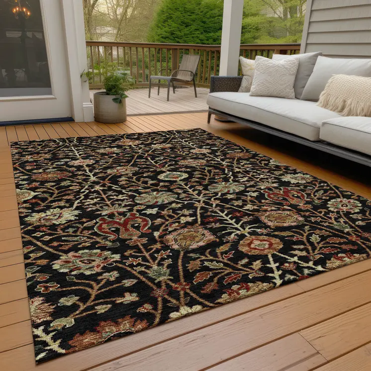 5' X 8' Black Brown And Red Floral Washable Indoor Outdoor Area Rug