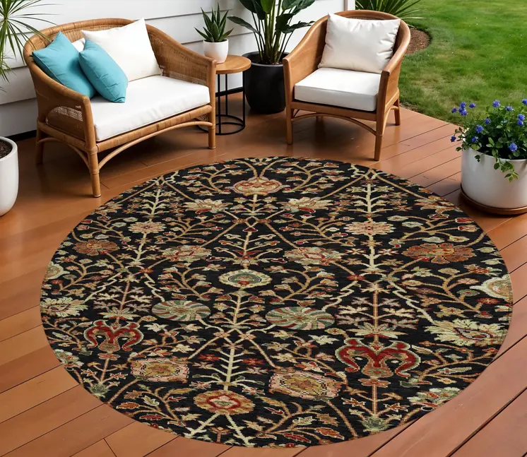 8' Black Brown And Red Round Floral Washable Indoor Outdoor Area Rug