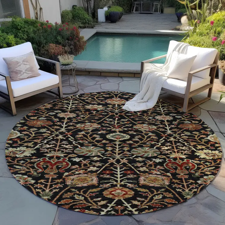 8' Black Brown And Red Round Floral Washable Indoor Outdoor Area Rug