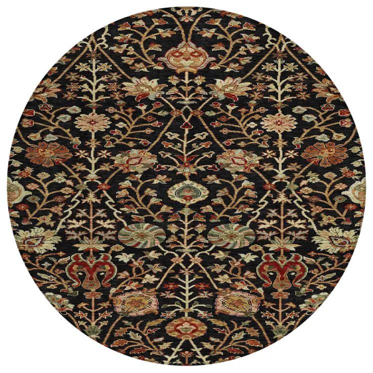 8' Black Brown And Red Round Floral Washable Indoor Outdoor Area Rug