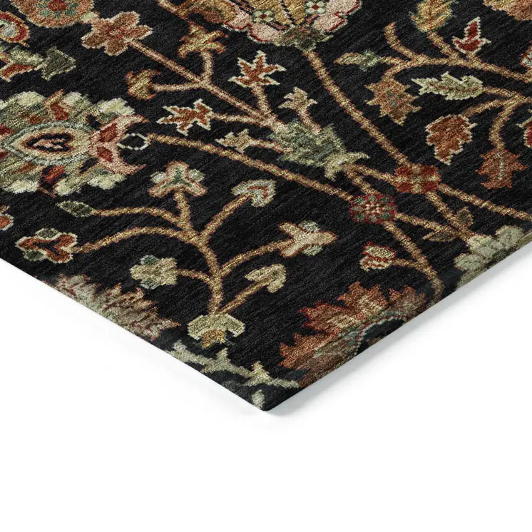 8' Black Brown And Red Round Floral Washable Indoor Outdoor Area Rug