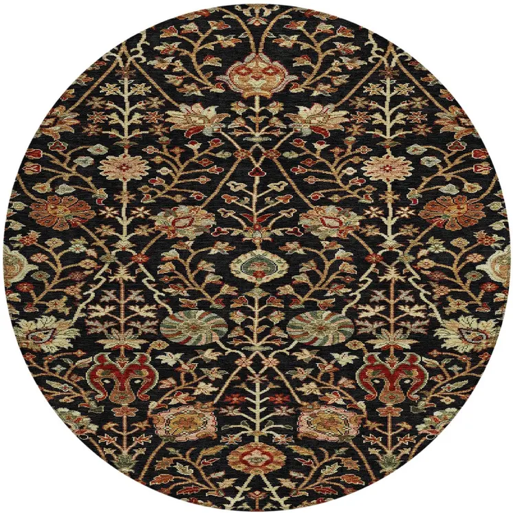 8' Black Brown And Red Round Floral Washable Indoor Outdoor Area Rug