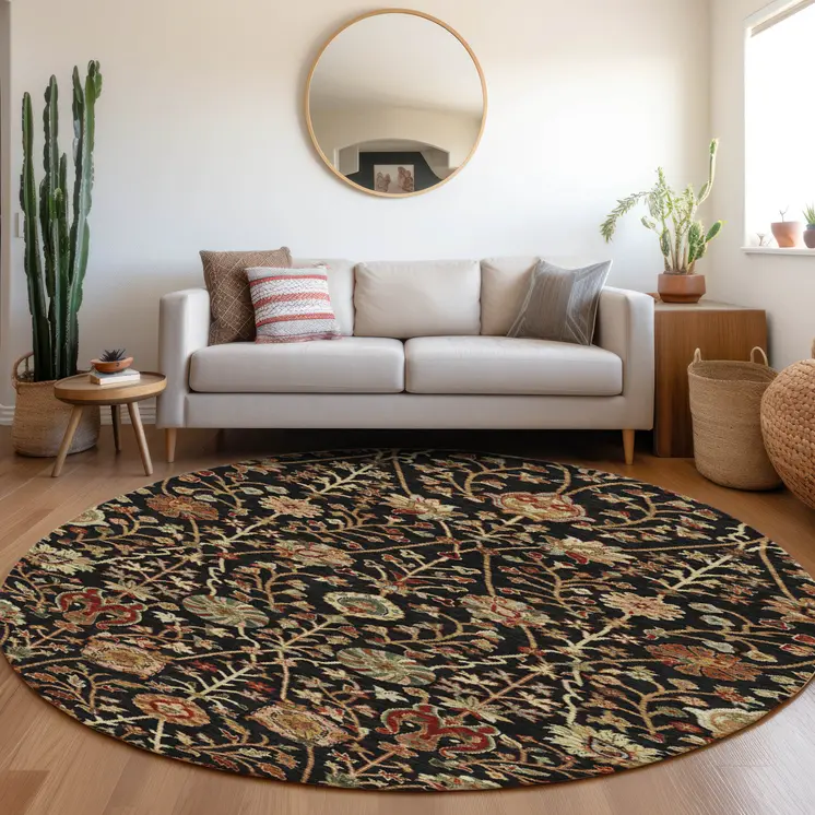 8' Black Brown And Red Round Floral Washable Indoor Outdoor Area Rug