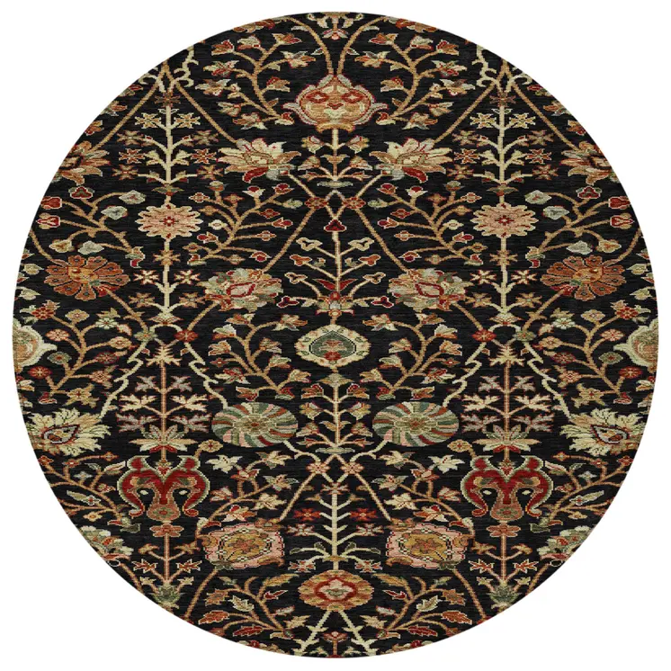 8' Black Brown And Red Round Floral Washable Indoor Outdoor Area Rug
