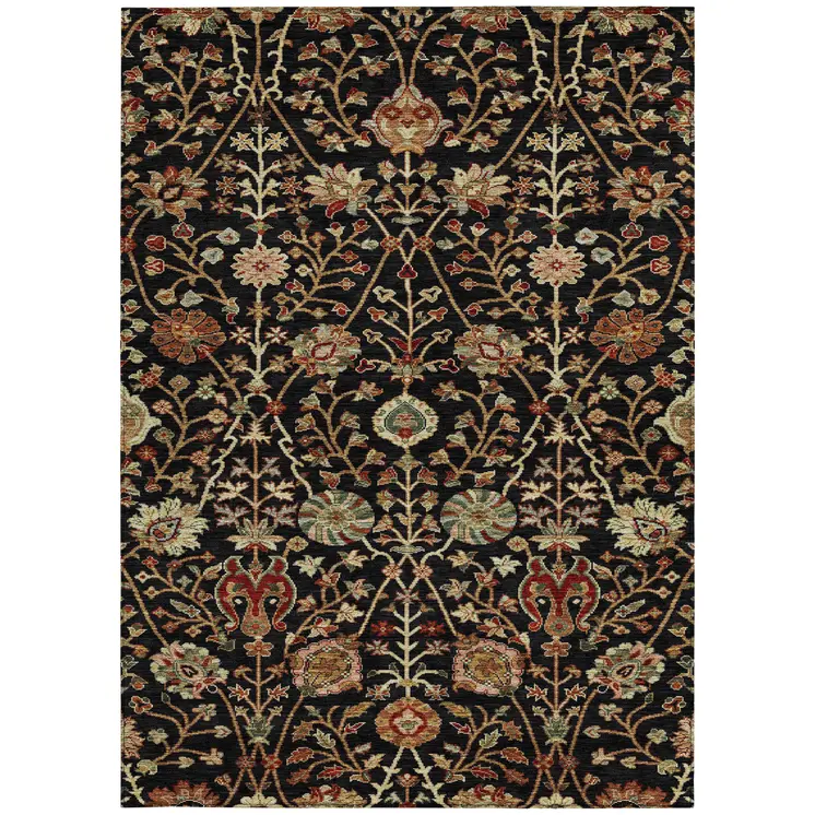 8' X 10' Black Brown And Red Floral Washable Indoor Outdoor Area Rug