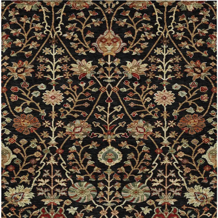 9' X 12' Black Brown And Red Floral Washable Indoor Outdoor Area Rug