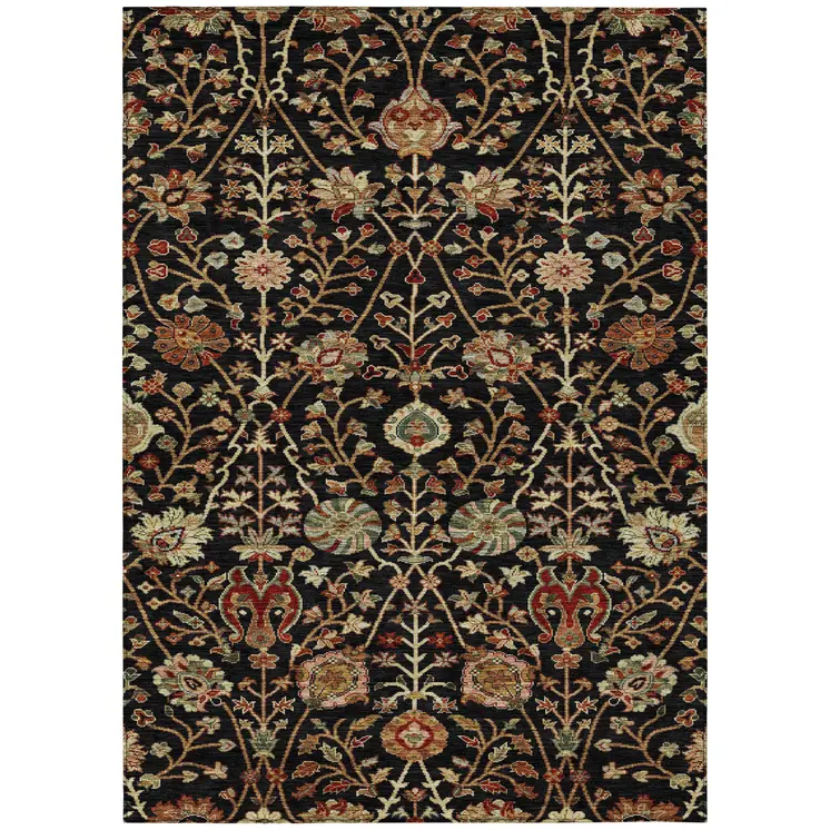 10' X 14' Black Brown And Red Floral Washable Indoor Outdoor Area Rug