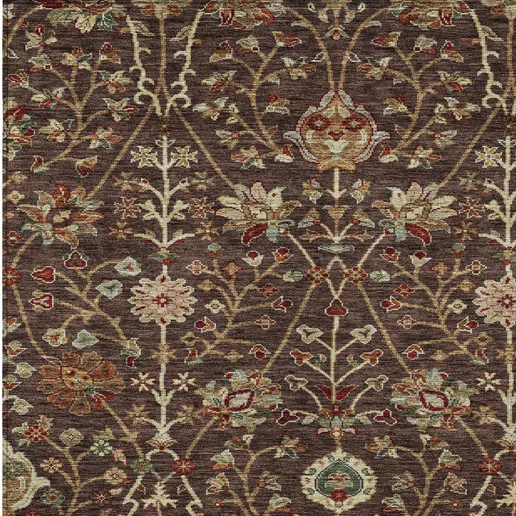 3' X 5' Chocolate Tan And Green Floral Washable Indoor Outdoor Area Rug