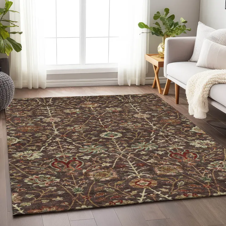 3' X 5' Chocolate Tan And Green Floral Washable Indoor Outdoor Area Rug