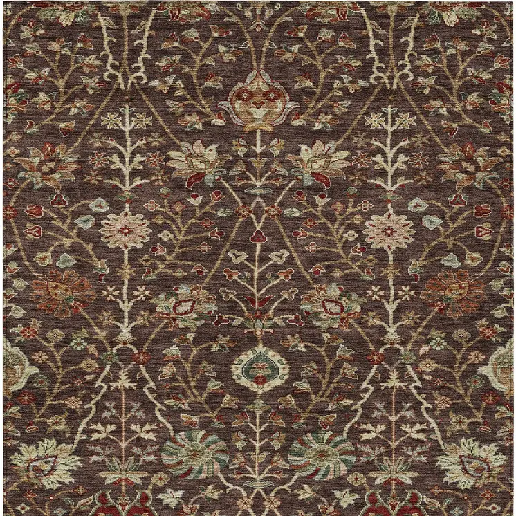 5' X 8' Chocolate Tan And Green Floral Washable Indoor Outdoor Area Rug