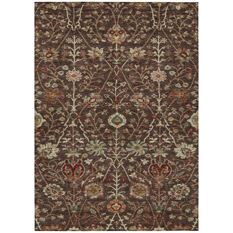 5' X 8' Chocolate Tan And Green Floral Washable Indoor Outdoor Area Rug