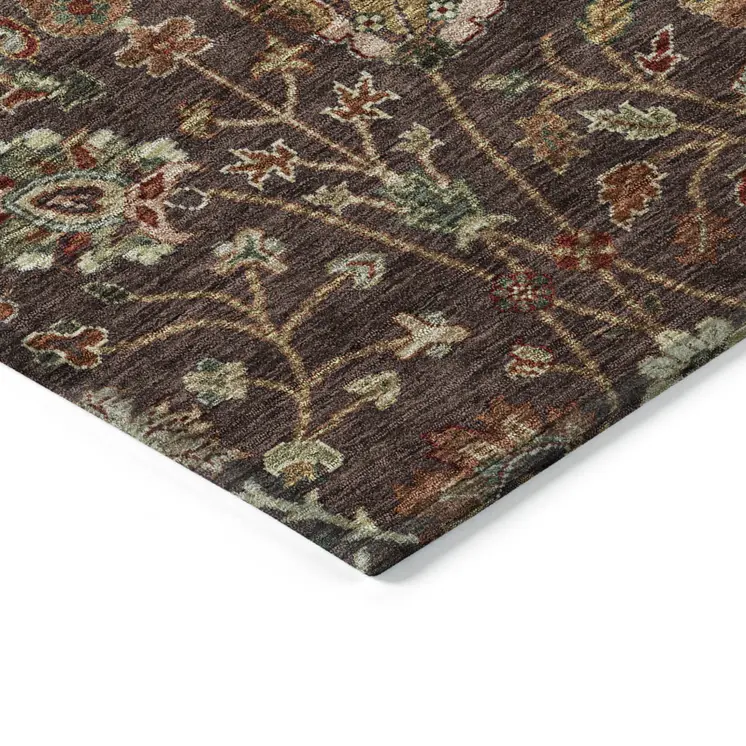 5' X 8' Chocolate Tan And Green Floral Washable Indoor Outdoor Area Rug