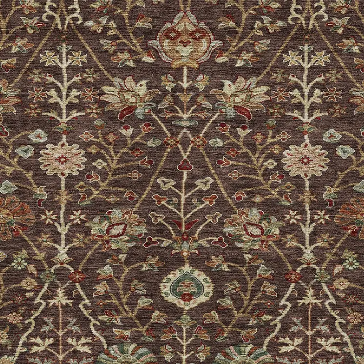 5' X 8' Chocolate Tan And Green Floral Washable Indoor Outdoor Area Rug