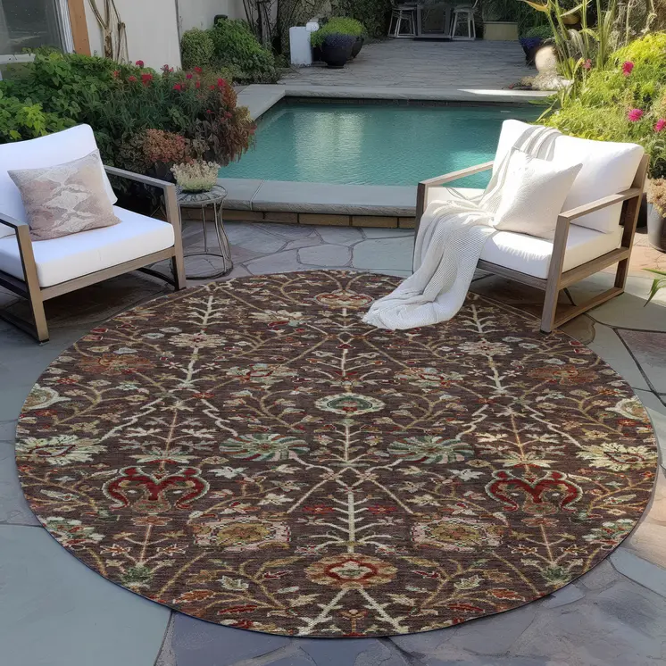 8' Chocolate Tan And Green Round Floral Washable Indoor Outdoor Area Rug