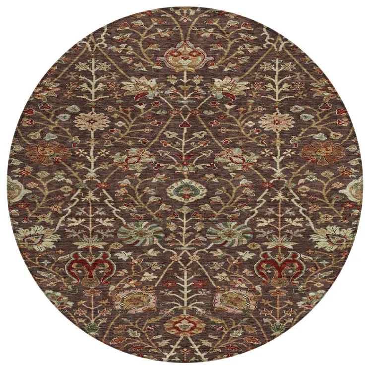 8' Chocolate Tan And Green Round Floral Washable Indoor Outdoor Area Rug