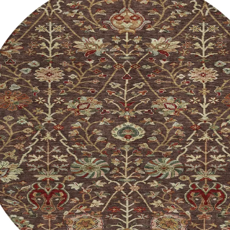 8' Chocolate Tan And Green Round Floral Washable Indoor Outdoor Area Rug