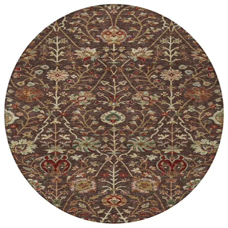 8' Chocolate Tan And Green Round Floral Washable Indoor Outdoor Area Rug