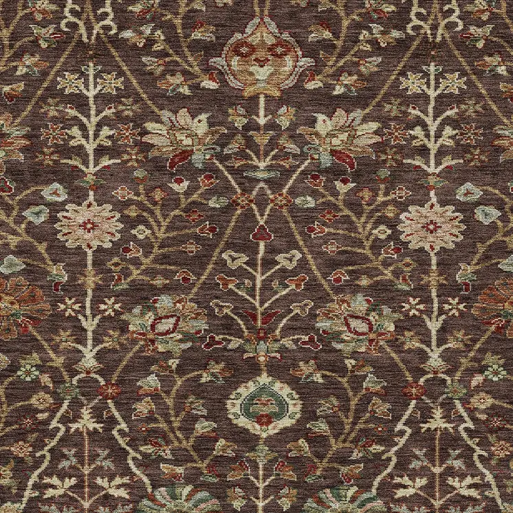8' X 10' Chocolate Tan And Green Floral Washable Indoor Outdoor Area Rug