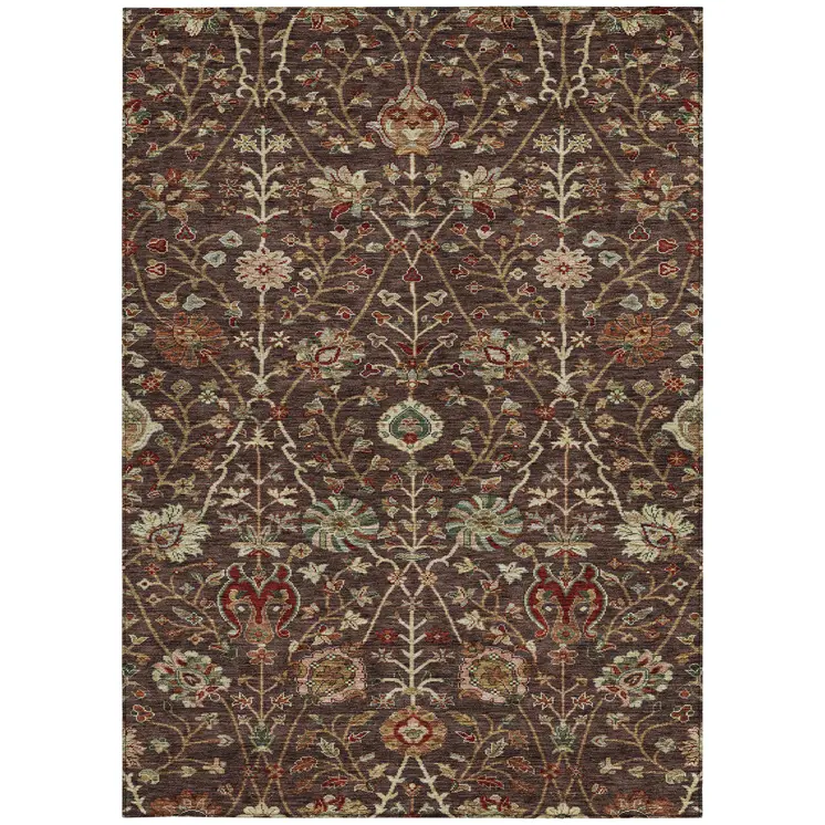 10' X 14' Chocolate Tan And Green Floral Washable Indoor Outdoor Area Rug