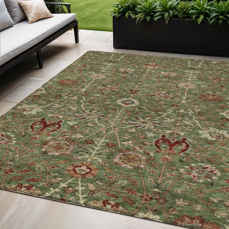 5' X 8' Fern Green Brown And Red Floral Washable Indoor Outdoor Area Rug