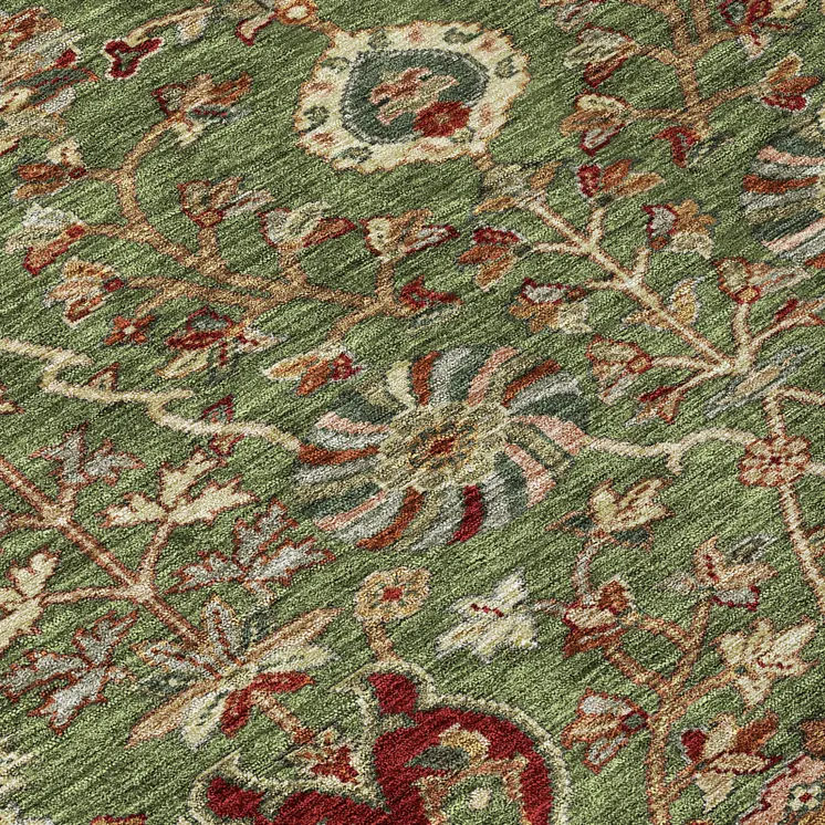 5' X 8' Fern Green Brown And Red Floral Washable Indoor Outdoor Area Rug