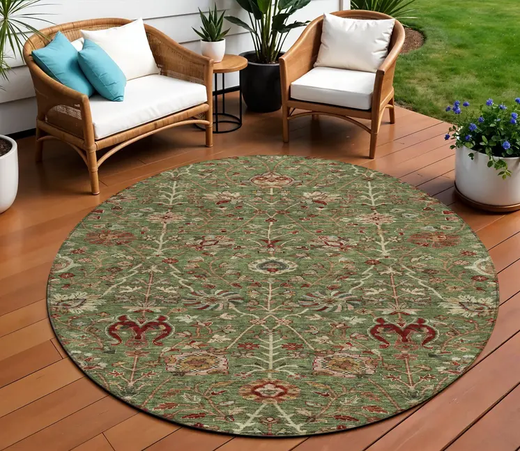 8' Fern Green Brown And Red Round Floral Washable Indoor Outdoor Area Rug
