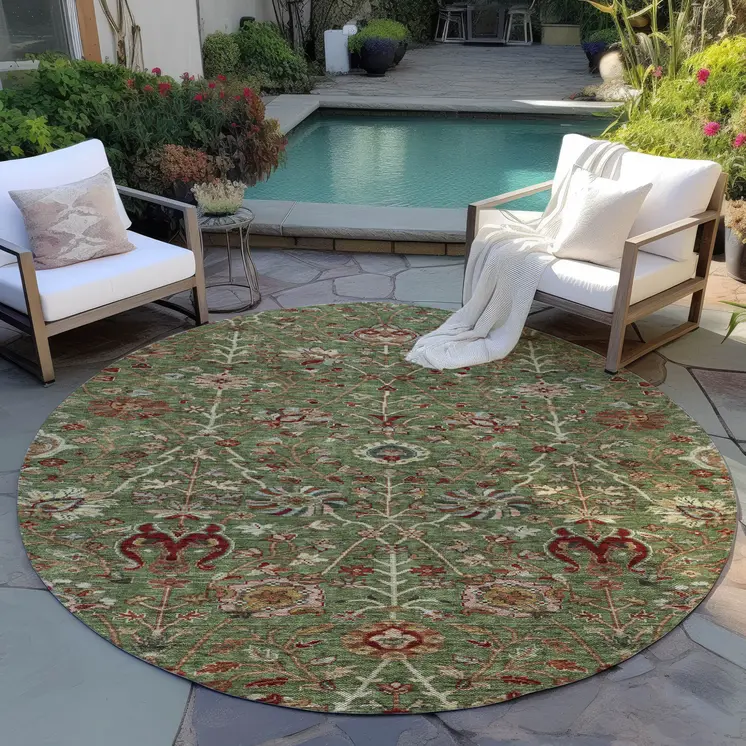 8' Fern Green Brown And Red Round Floral Washable Indoor Outdoor Area Rug