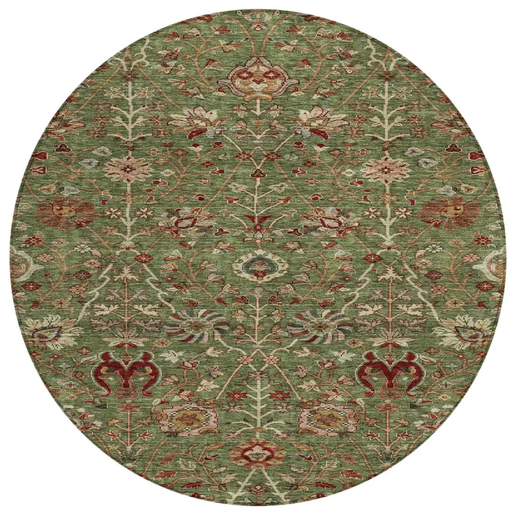 8' Fern Green Brown And Red Round Floral Washable Indoor Outdoor Area Rug