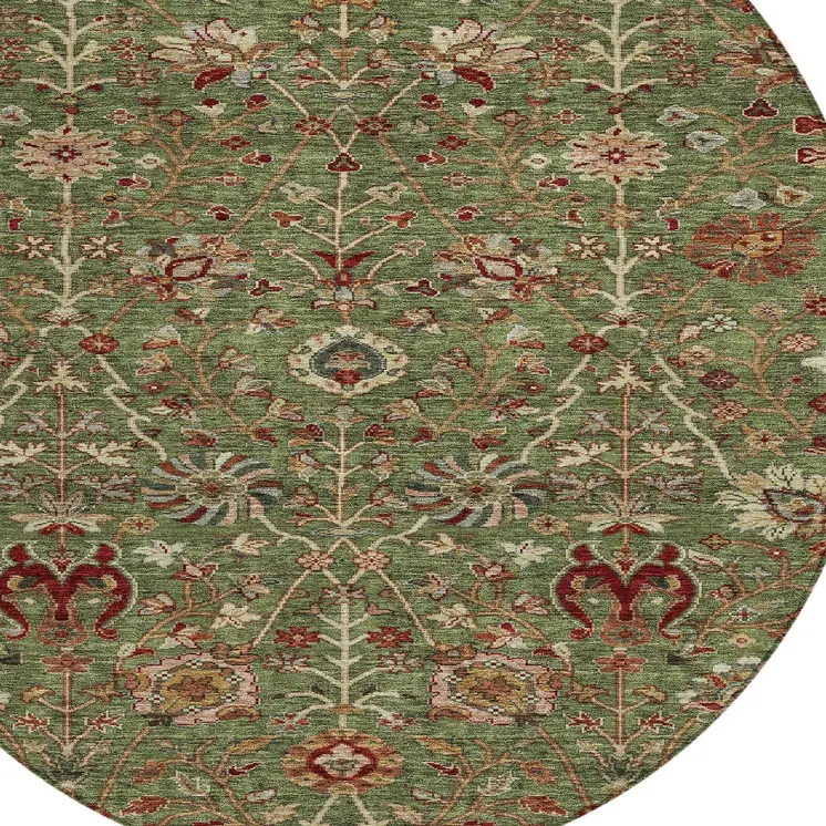 8' Fern Green Brown And Red Round Floral Washable Indoor Outdoor Area Rug