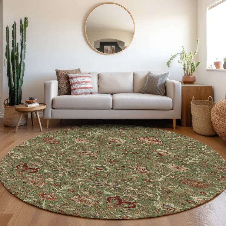 8' Fern Green Brown And Red Round Floral Washable Indoor Outdoor Area Rug
