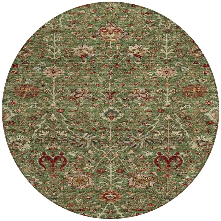8' Fern Green Brown And Red Round Floral Washable Indoor Outdoor Area Rug