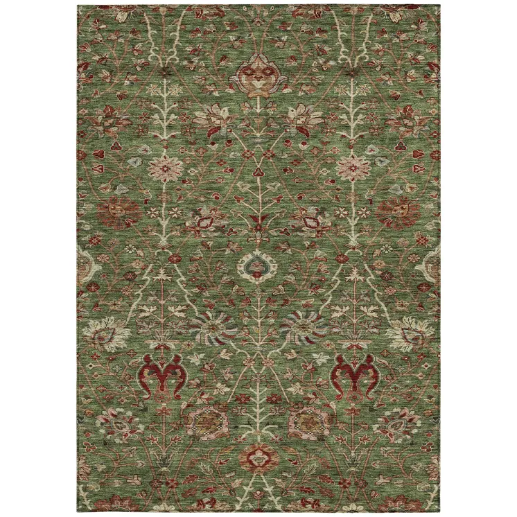 10' X 14' Fern Green Brown And Red Floral Washable Indoor Outdoor Area Rug