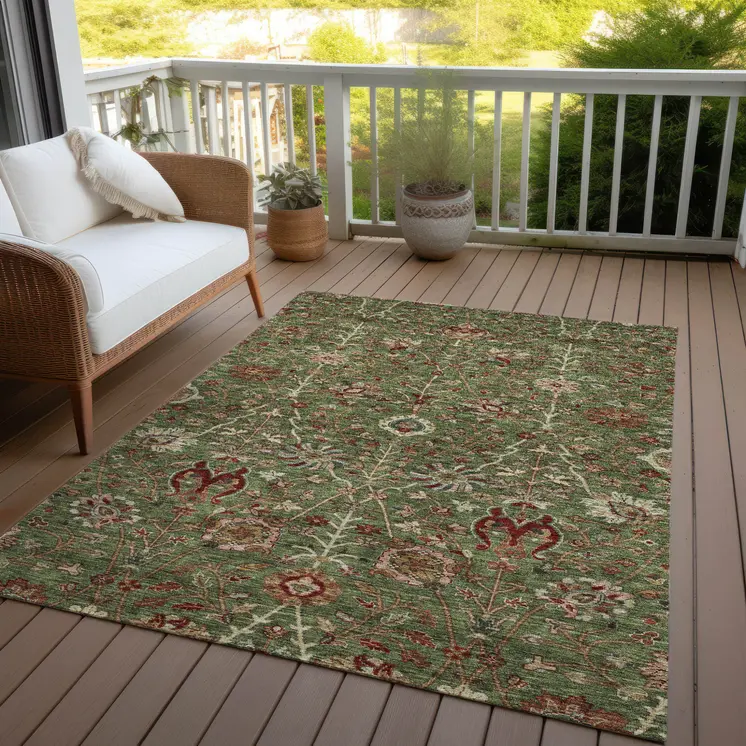 10' X 14' Fern Green Brown And Red Floral Washable Indoor Outdoor Area Rug