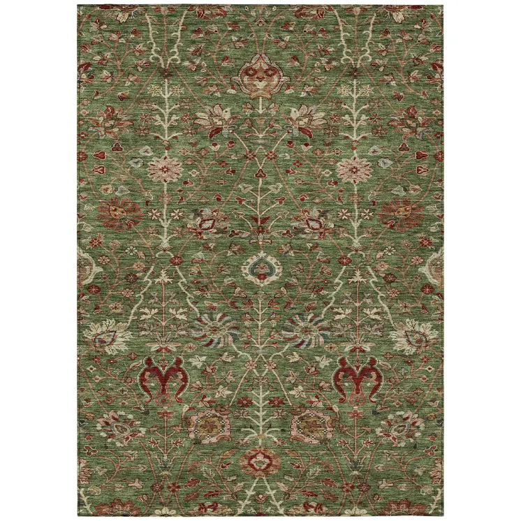 10' X 14' Fern Green Brown And Red Floral Washable Indoor Outdoor Area Rug