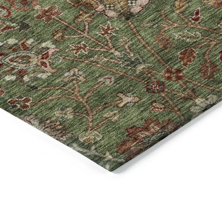 10' X 14' Fern Green Brown And Red Floral Washable Indoor Outdoor Area Rug
