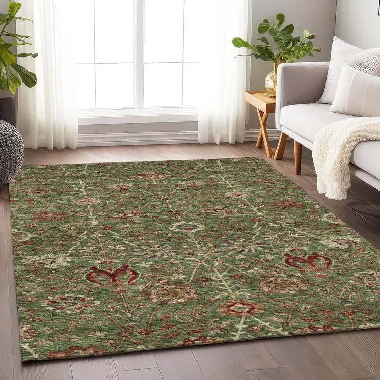 10' X 14' Fern Green Brown And Red Floral Washable Indoor Outdoor Area Rug