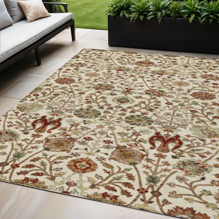 5' X 8' Ivory Brown And Red Floral Washable Indoor Outdoor Area Rug