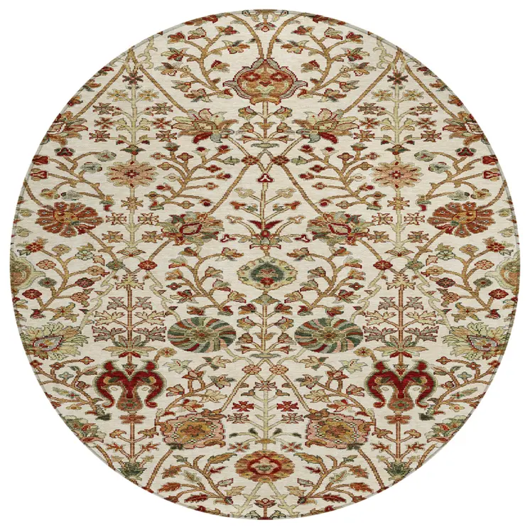 8' Ivory Brown And Red Round Floral Washable Indoor Outdoor Area Rug
