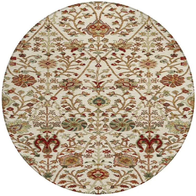 8' Ivory Brown And Red Round Floral Washable Indoor Outdoor Area Rug