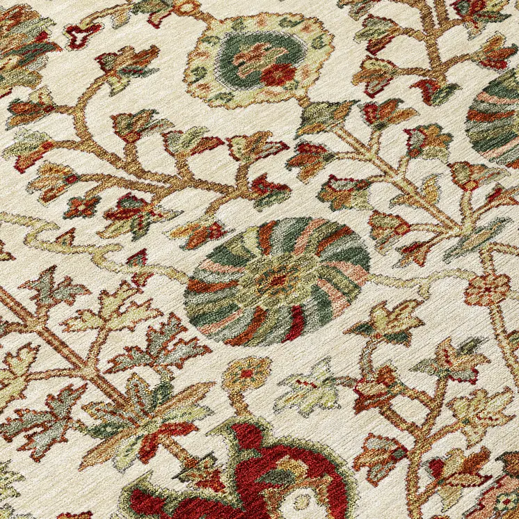 8' Ivory Brown And Red Round Floral Washable Indoor Outdoor Area Rug