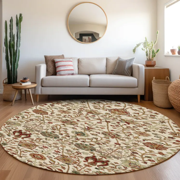 8' Ivory Brown And Red Round Floral Washable Indoor Outdoor Area Rug