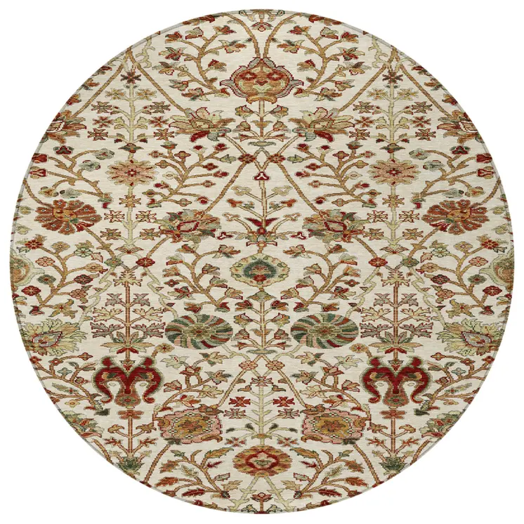 8' Ivory Brown And Red Round Floral Washable Indoor Outdoor Area Rug