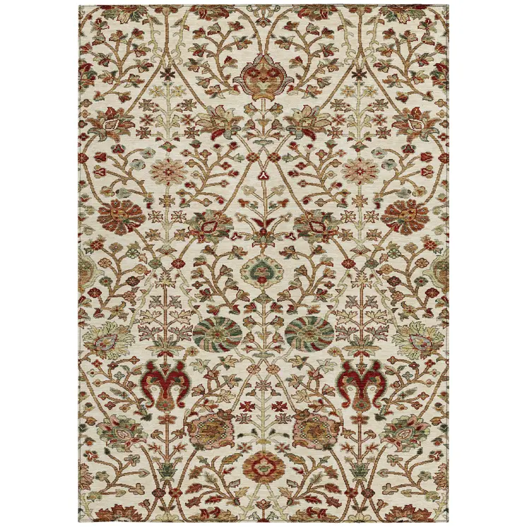 8' X 10' Ivory Brown And Red Floral Washable Indoor Outdoor Area Rug