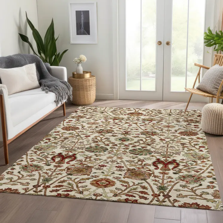 8' X 10' Ivory Brown And Red Floral Washable Indoor Outdoor Area Rug