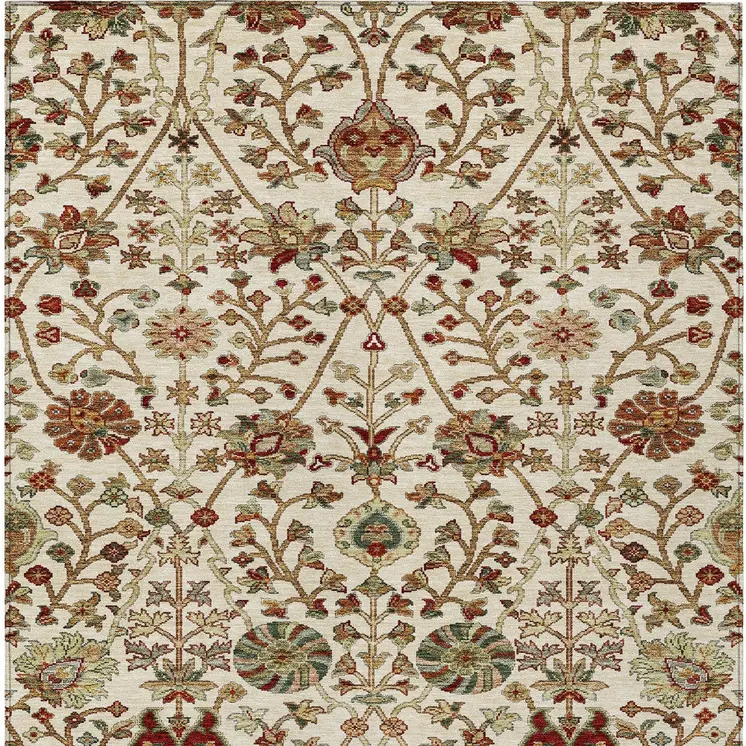 10' X 14' Ivory Brown And Red Floral Washable Indoor Outdoor Area Rug