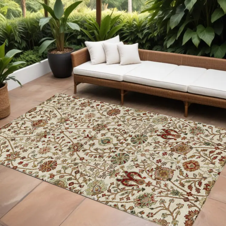 10' X 14' Ivory Brown And Red Floral Washable Indoor Outdoor Area Rug
