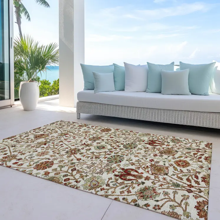 10' X 14' Ivory Brown And Red Floral Washable Indoor Outdoor Area Rug