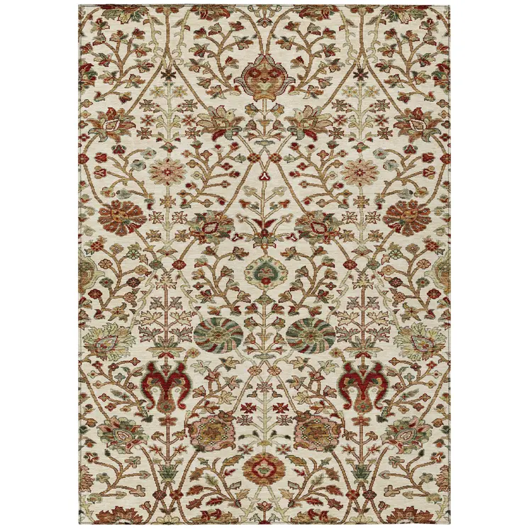 10' X 14' Ivory Brown And Red Floral Washable Indoor Outdoor Area Rug