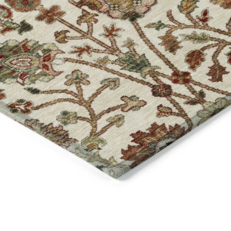 10' X 14' Ivory Brown And Red Floral Washable Indoor Outdoor Area Rug