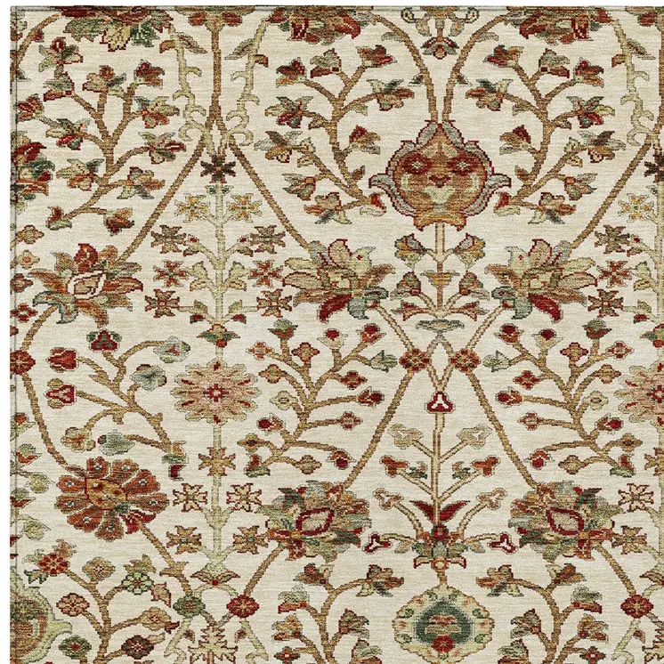 10' X 14' Ivory Brown And Red Floral Washable Indoor Outdoor Area Rug